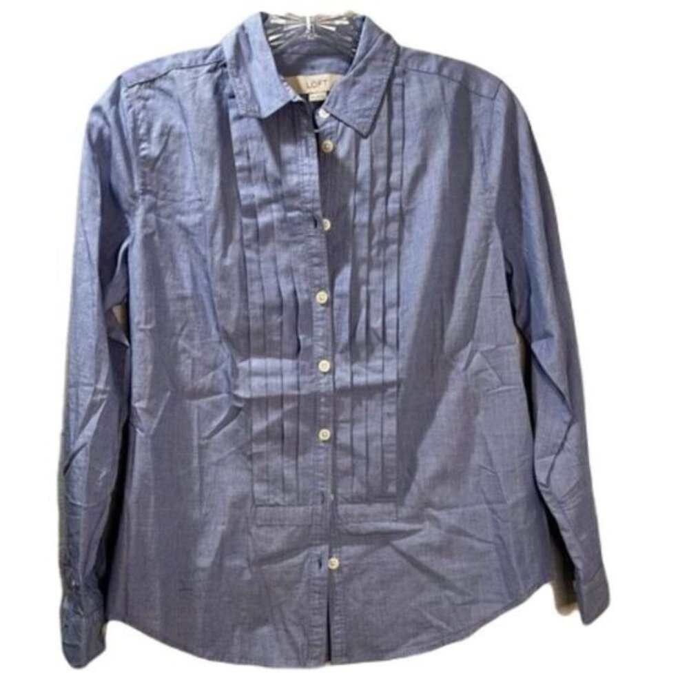 Ann Taylor Loft Womens Chambray Button Down Shirt Pleated Front Blue Size XSP‎